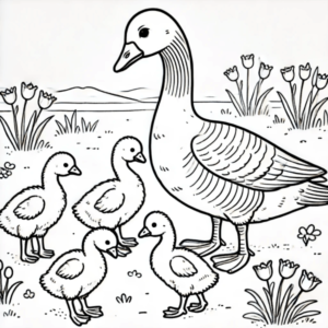 Ganso con sus crias Un ganso adulto cuidando a sus goslings